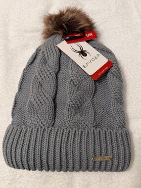 NWT Spyder Cable Knit Beanie Faux Fur Lined Pom Pewter Heather OSFM
